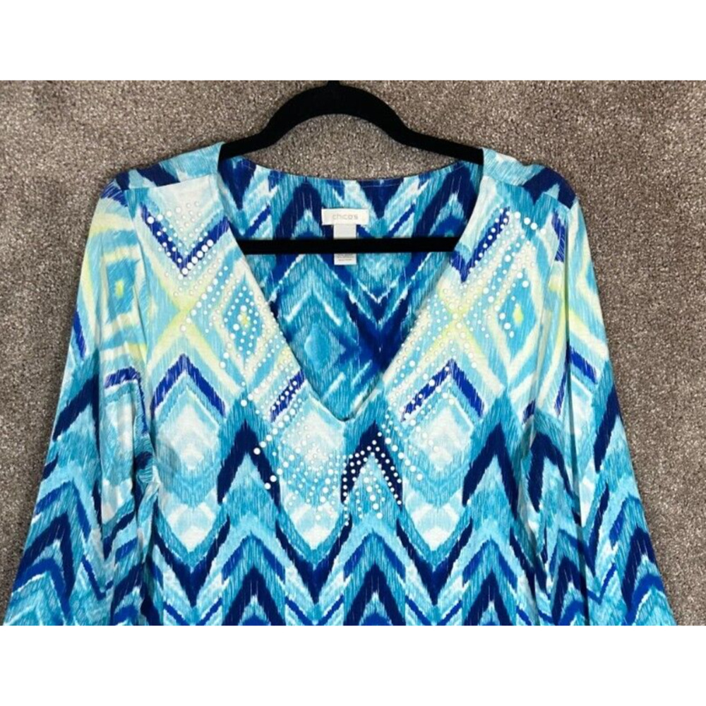 Chicos Top Womens 1 Medium 8 Blue‎ Beaded Chevron V Neck Tunic Career Blouse